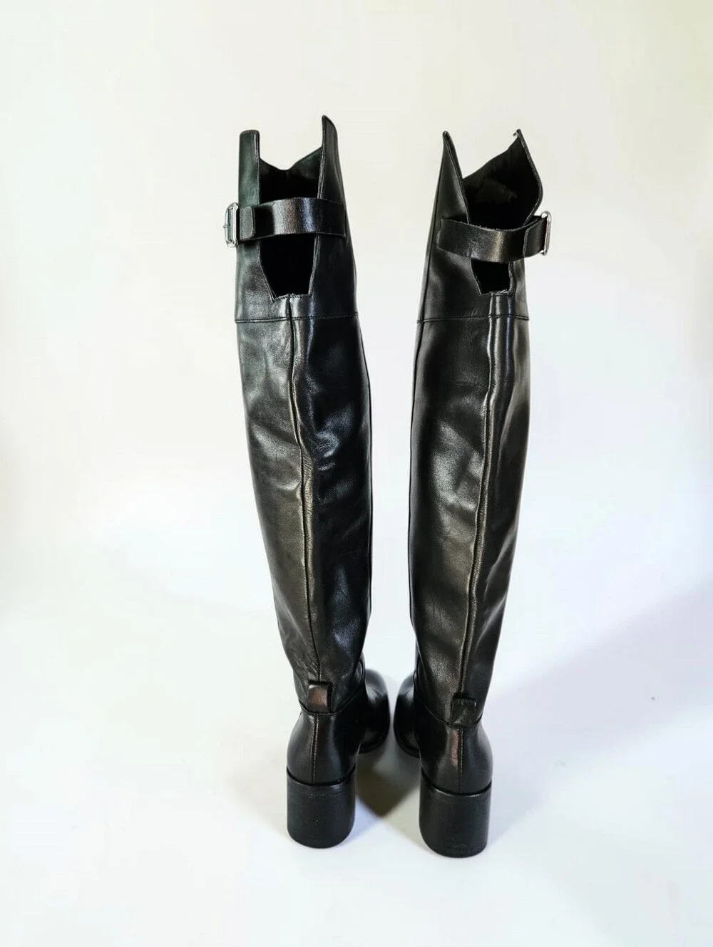 Zara Classic Black Over-the-Knee Buckle Detail Block Heel Almond Toe Tall Boot 6